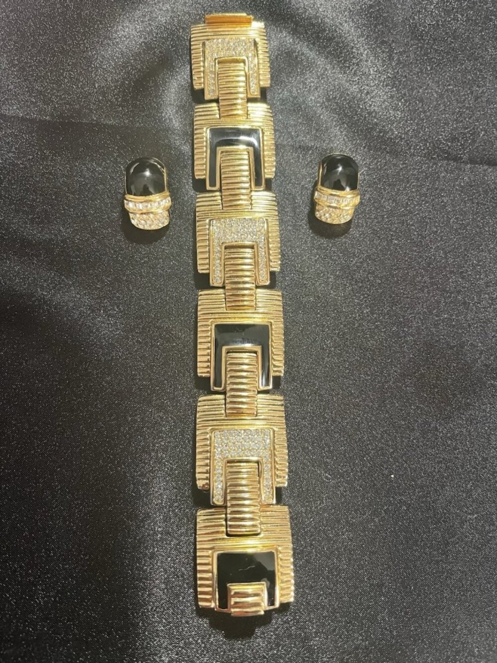 Vintage Christian Dior Rhinestone Gold & Black Bracelet & Earring Set